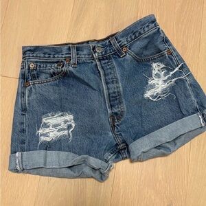 High-Waist Distressed Roll-Cuff Denim Shorts - Blue